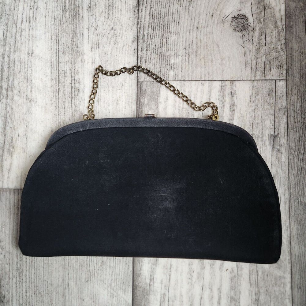 Vintage Women's Black Evening Bag Clutch Purse Gold Tone Clasp Chain - Picture 3 of 7